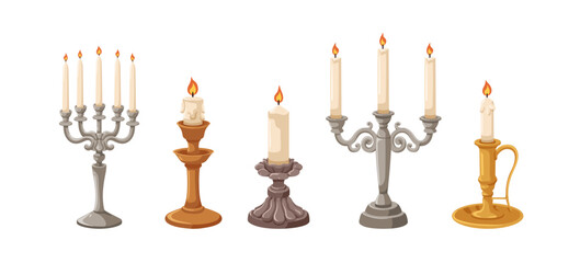 Vintage candelabra, candleholders. Antique pillar candles in candlesticks, old candelabrum with multiple branches, ornate design. Flat cartoon vector illustration isolated on white background