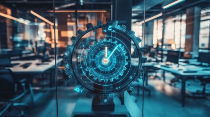 A futuristic clock mechanism is showcased in a modern office environment, highlighting technology and design.