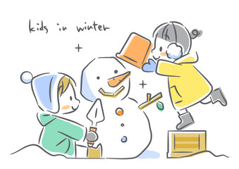 雪だるま作りを楽しむ子どもたち　カラフルでかわいい水彩風イラスト