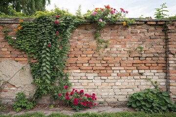 Vintage brick wall with vines and flowers, scenery, outdoor, garden