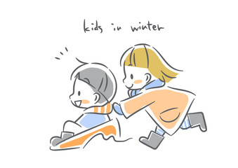 そり遊びを楽しむ子どもたち　カラフルでかわいい水彩風イラスト