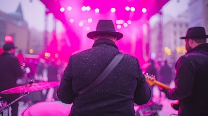 Obraz premium Joyful Winter Concert Under Brilliant Pink Lights with Musicians in a Snowy Outdoor Setting. Winter Festival Concept