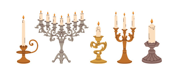 Vintage candelabra with multiple candleholders. Retro ornate candelabrum set. Brass, gold candlesticks with pillar candles. Antique decoration. Flat vector illustration isolated on white background