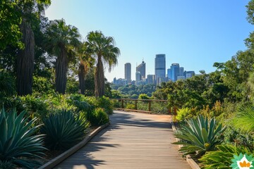 A wooden pathway winds through a lush green park with a cityscape in the background.