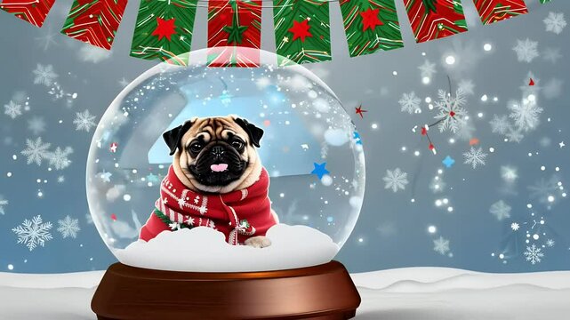 charming winter scene featuring small cute pug puppy dressed red scarf wool hat pompom sitting glass snow globe snowy background video sets tone Christmas New Year greetings festive decorations 4k