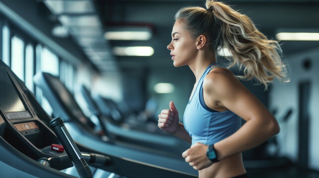 Full length profile shot of a young woman running on a treadmill indoors