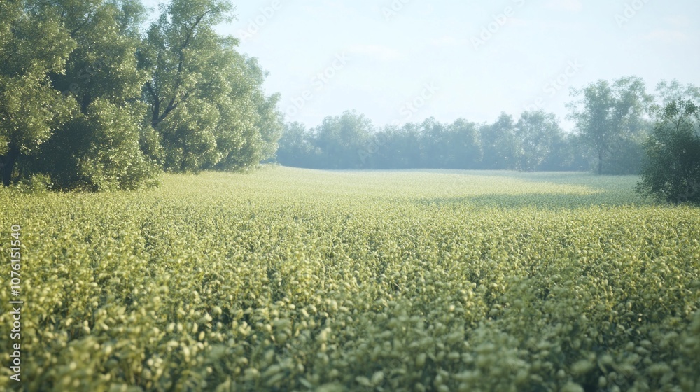 Poster A field of grass with trees in the background