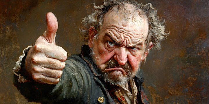 Grumpy Approval:  A weathered old man with a skeptical expression gives a hesitant thumbs up, his face etched with a lifetime of experiences.  The painting captures a moment of begrudging approval.