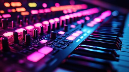 Colorful synthesizer keyboard with glowing controls and keys.