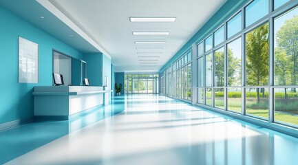 Fototapeta premium A modern, light-filled hospital corridor with a reception desk and large windows overlooking a green park.