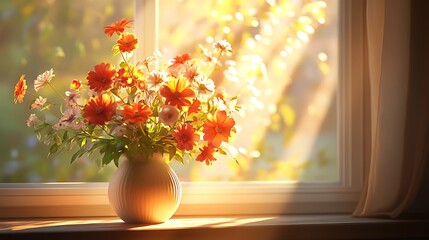 Golden morning light focusing on a vase filled with vibrant flowers on a windowsill, light accentuating the details and colors of the petals, subtle shadows enhancing the peaceful mood, hd quality,