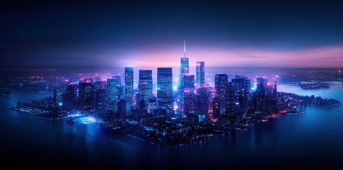 Futuristic cityscape harmoniously merging with organic shapes, showcasing a seamless blend of technology and nature.