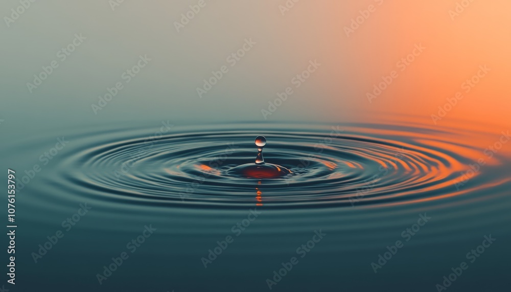 Poster a single water drop creates concentric ripples on the surface of still water against a sunset backdr