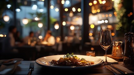 Gourmet Dinner Plate with Elegant Presentation in a Cozy Restaurant Setting