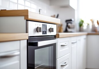 Modern oven in a white kitchen with wooden counter top.