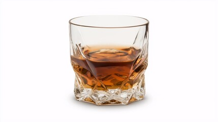Isolated Glass of Amber Whiskey on White Background Featuring Smooth Textures and Elegant Design for High-Quality Stock Photography Use
