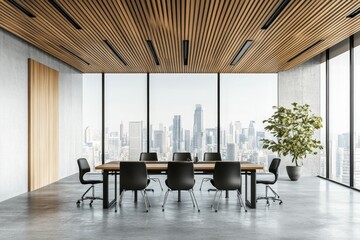 Obraz na płótnie Canvas A modern conference room with a large wooden table and chairs, a plant in a pot, and a view of a city skyline through large windows. The room has a concrete floor and a wood slat ceiling.