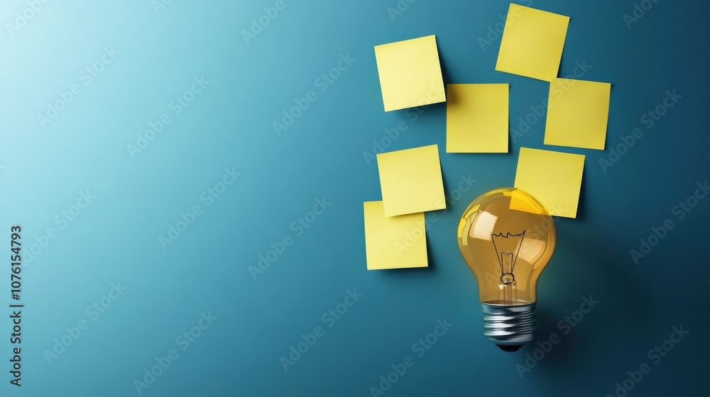 Poster bright light bulb surrounded by colorful sticky notes on a blue background representing ideas, creat
