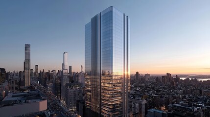 Obraz premium City skyscraper in sunset light, symbolizing vision, opportunity, and enterprise progress