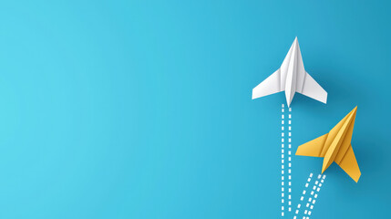 White paper airplanes flying in sky, one leading other, creating sense of adventure and playfulness
