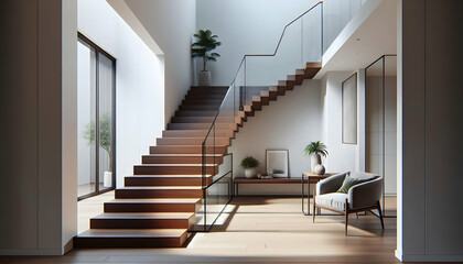 10 Capture a modern staircase with dark wooden steps and a frameless glass railing set against a whi3