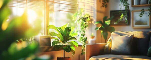 Fototapeta premium Cozy interior with AC system and vibrant leaves, representing clean, natural indoor air quality