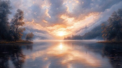 Obraz premium Serene Sunset Over a Tranquil Lake with Reflections and Trees