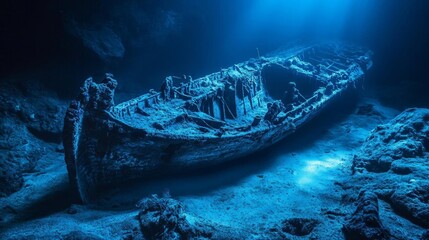 Ghostly shipwreck lying on seabed with ambient blue glow, evoking underwater exploration and lost treasures