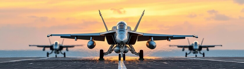 Fototapeta premium Lone fighter jet leads formation on runway at sunset, capturing intense military readiness and aviation strength