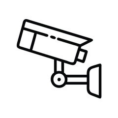 CCTV security camera outline icon, Vector outline icon of a CCTV surveillance camera, symbolizing security, monitoring, and video surveillance in a minimalist style.
