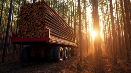 Logging equipment moving felled timber through dense pine woods, light filtering through trees