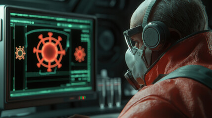scientist working in laboratory, focused on digital screen displaying virus graphics, wearing protective gear and headphones. atmosphere is intense and serious