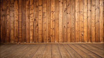 Naklejka premium Wooden wall with distressed brown wood paneling featuring a natural texture and subtle grain pattern, warm tones, traditional design, organic look, natural material, natural patterns