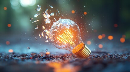 Swirling waves of light and energy pouring out from a broken light bulb, creating a sense of movement and dynamism, representing the unleashing of creativity.