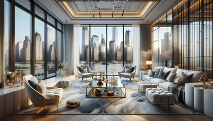4 Showcase a glass-walled living room with views of metropolitan buildings, decorated in an elegant 3