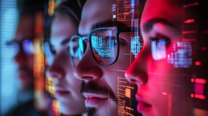 A close-up of diverse individuals, wearing glasses, focused on digital screens displaying colorful data visuals.