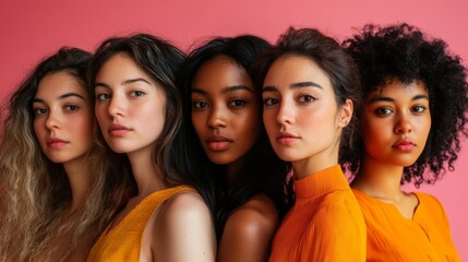 Obraz premium Five women with diverse features pose together, wearing vibrant orange outfits, against a pink backdrop, highlighting beauty and unity.