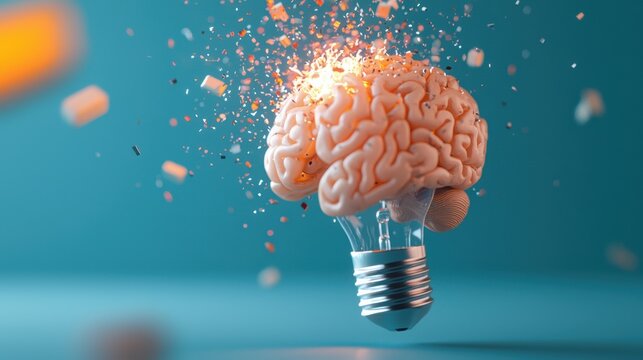 A human brain represented by a light bulb, with the moment of explosion symbolizing a mental breakthrough or a sudden flash of inspiration.