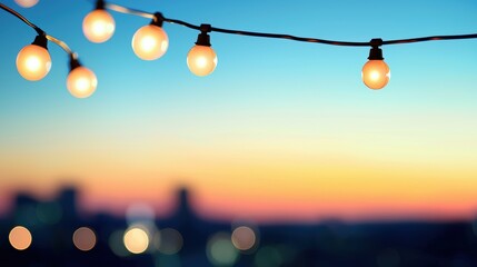 A string of warm, golden bokeh lights blurred against a twilight sky, evoking a festive and magical atmosphere.