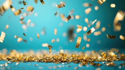 A slow motion capture of golden confetti falling through the air, creating a sense of elegance and celebration.