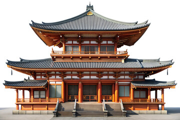 Naklejka premium A symmetrical view of a Japanese pagoda with layered roofs, vibrant wood, and traditional architectural charm, exuding tranquility and heritage, set against a transparent background