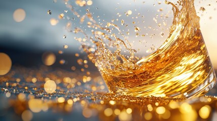 A macro shot of liquid gold swirling in a glass container, capturing the intricate patterns and reflections of the metal.