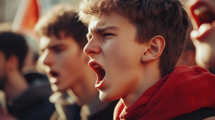 A passionate youth protests, shouting in a crowd, conveying energy and determination for change.