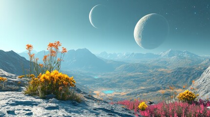 Alien Landscape with Flowers and Planets