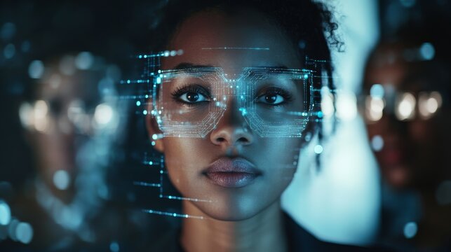 A close-up of a young woman's face with digital overlays, symbolizing technology and innovation, set against a blurred background of figures.