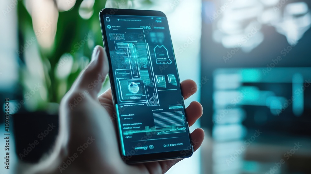 Aufkleber Futuristic Smartphone User Interface Displaying Advanced Technology Features in a Modern Workspace with Greenery in Background