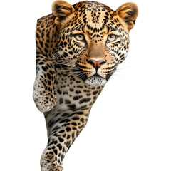 Fototapeta premium A leopard perched on a tree, displaying its distinctive spotted coat and intense gaze against a plain background.