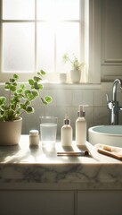 Minimalist bathroom, soft morning light.