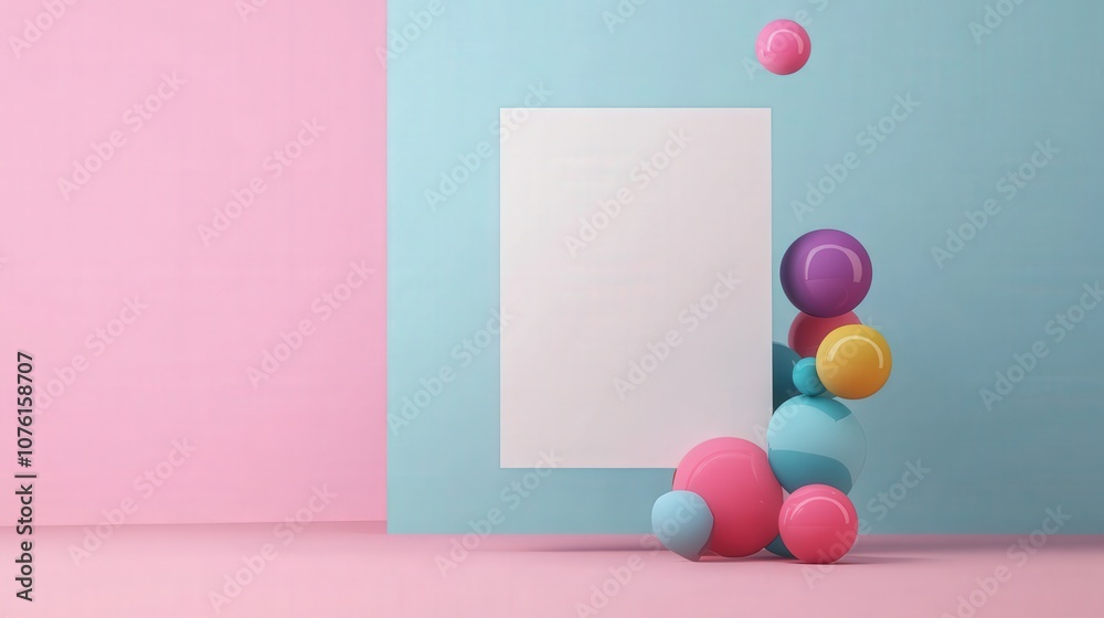 Poster vibrant 3d abstract composition with colorful spheres and blank space on soft pink and blue backgrou