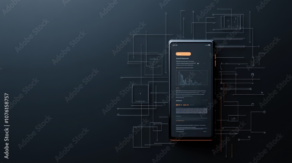 Poster Modern Smartphone Displaying Data Analytics with Abstract Digital Elements on Dark Background for Technology and Business Concepts
